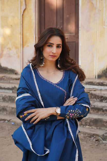 Saanvi Blue Cotton Dress with Exquisite Floral & Zardozi Detailing