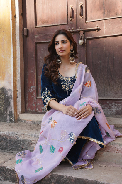 Rajvadi Royal Blue Velvet suit sets with Zardozi Work NaaR By Nk