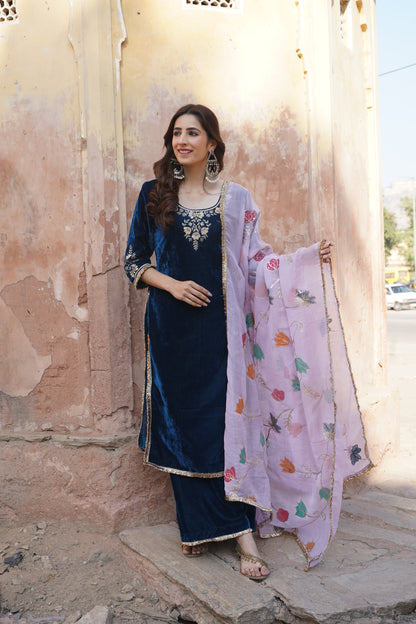 Rajvadi Royal Blue Velvet suit sets with Zardozi Work NaaR By Nk