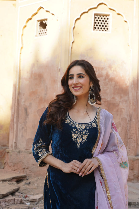 Rajvadi Royal Blue Velvet suit sets with Zardozi Work NaaR By Nk
