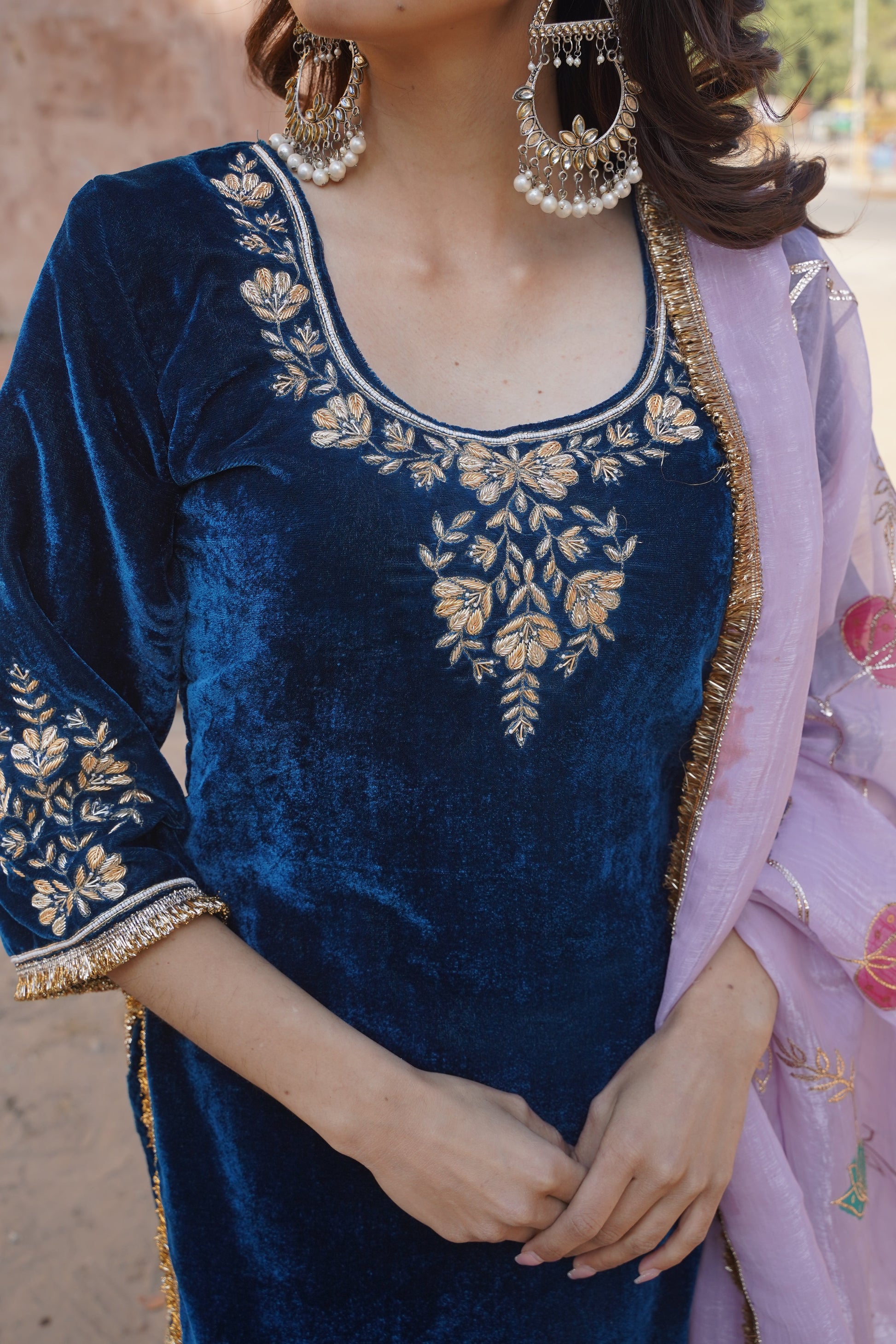 Rajvadi Royal Blue Velvet suit sets with Zardozi Work NaaR By Nk