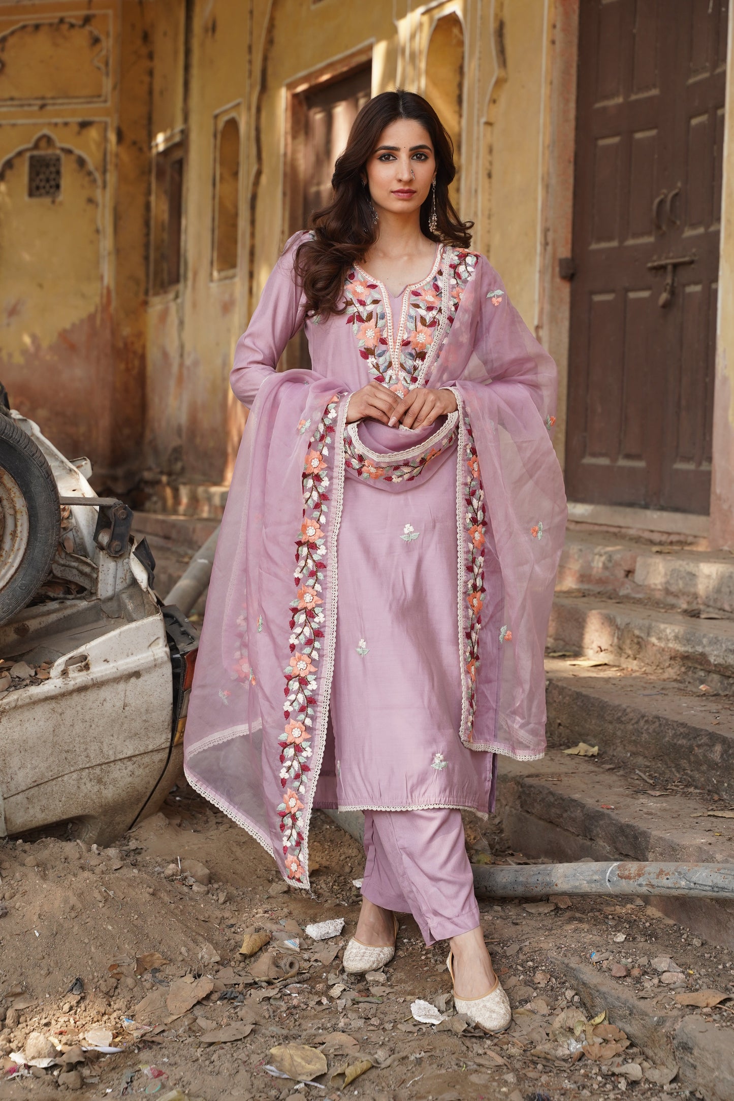 Lavender Floral Embroidery Suit Set NaaR By Nk