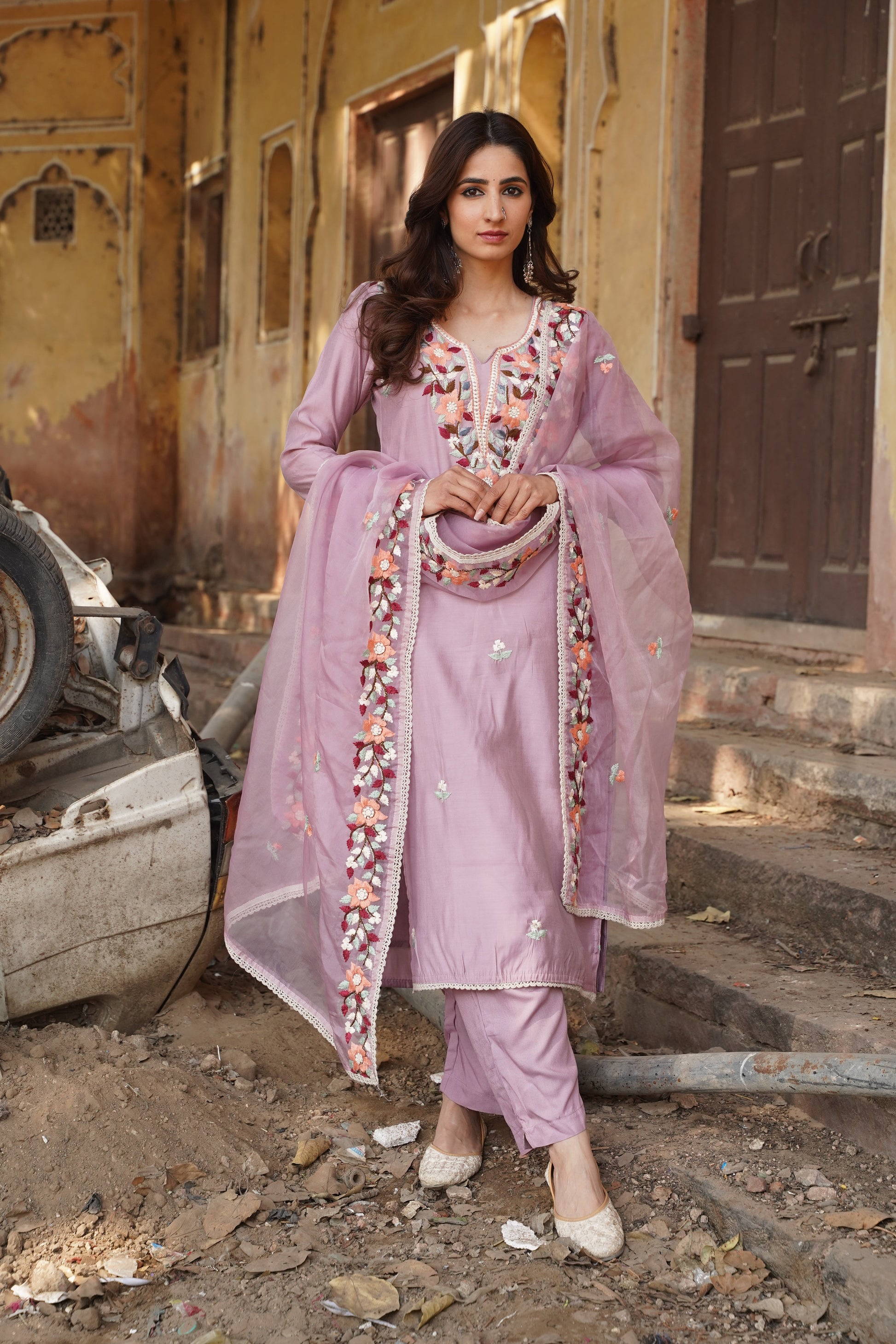 Lavender Floral Embroidery Suit Set NaaR By Nk