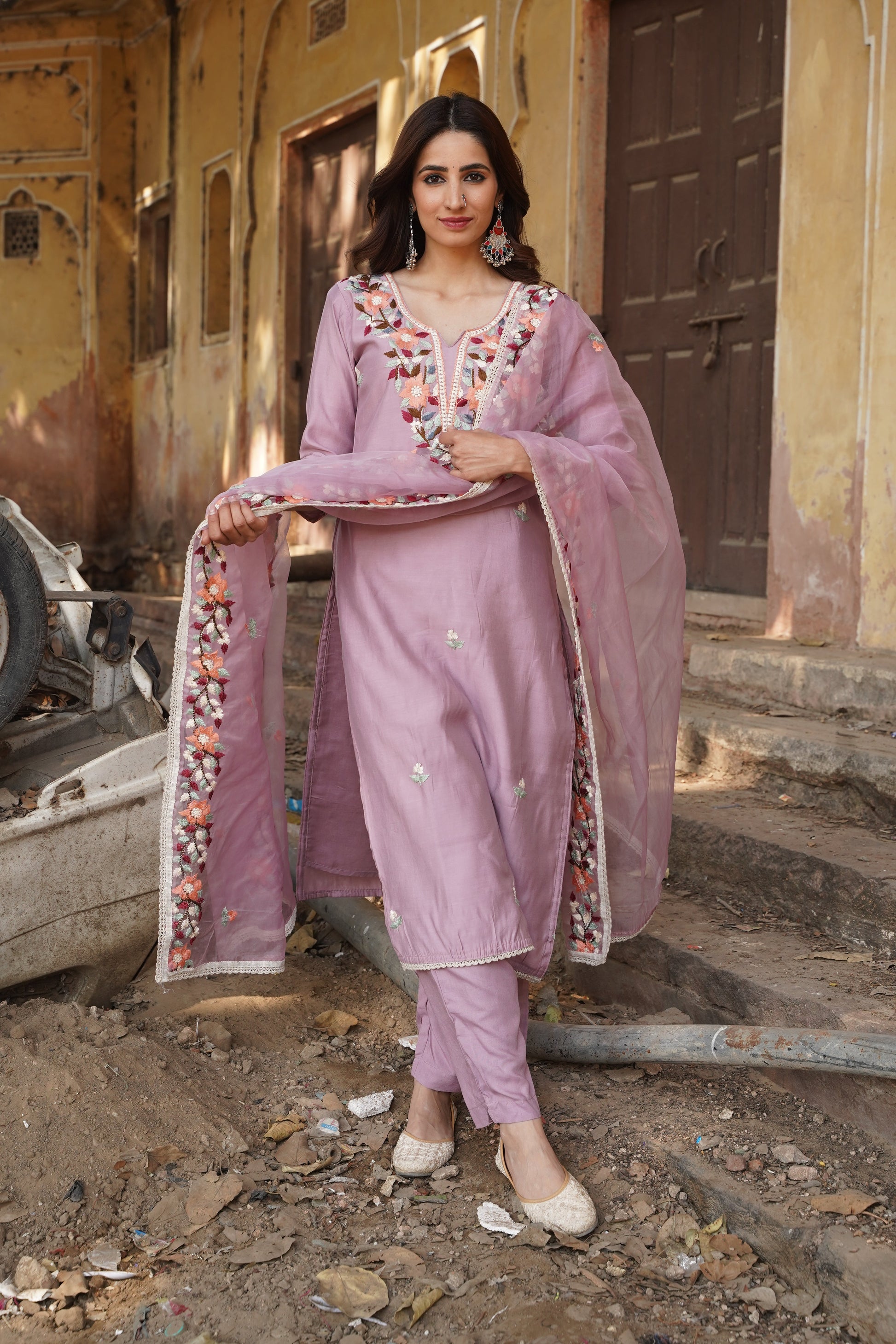 Lavender Floral Embroidery Suit Set NaaR By Nk