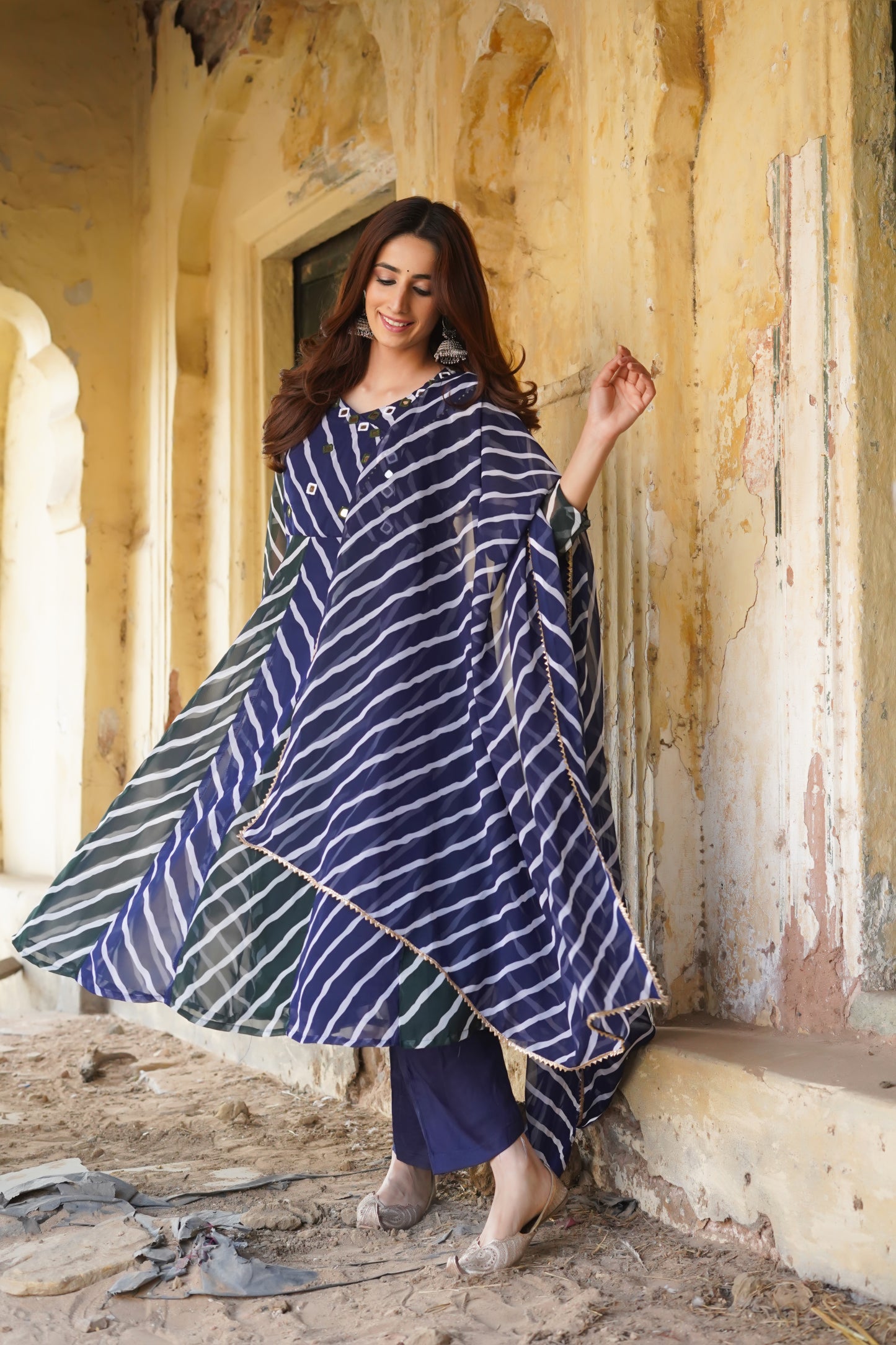 Blue and Green Leheriya Mirror Handwork Suit