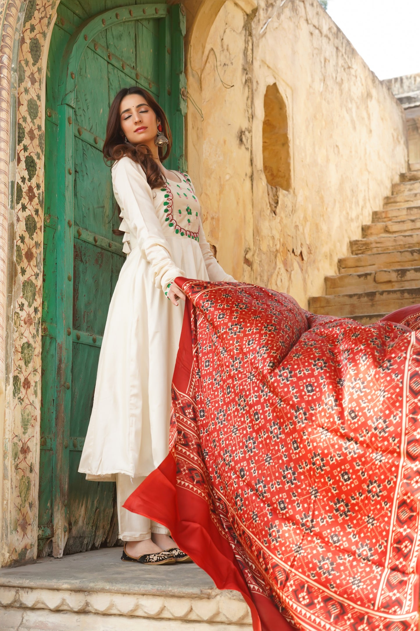 Emily White Silk Suit With Ajrakh Dupatta