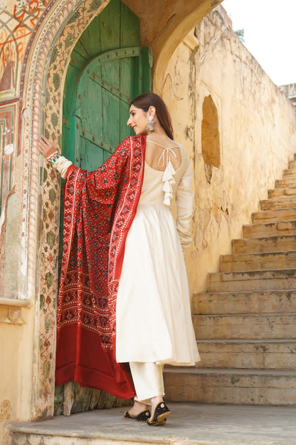 Emily White Silk Suit With Ajrakh Dupatta