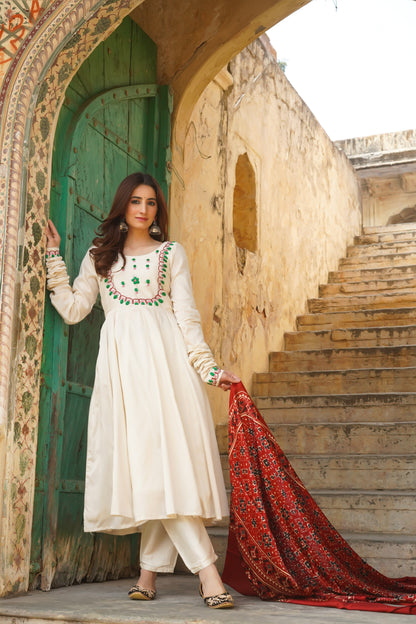 Emily White Silk Suit With Ajrakh Dupatta