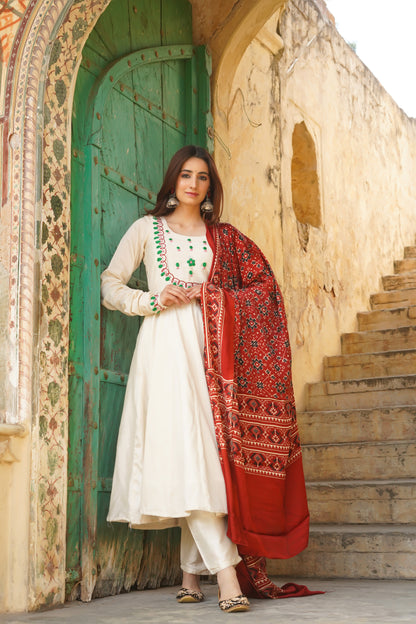 Emily White Silk Suit With Ajrakh Dupatta