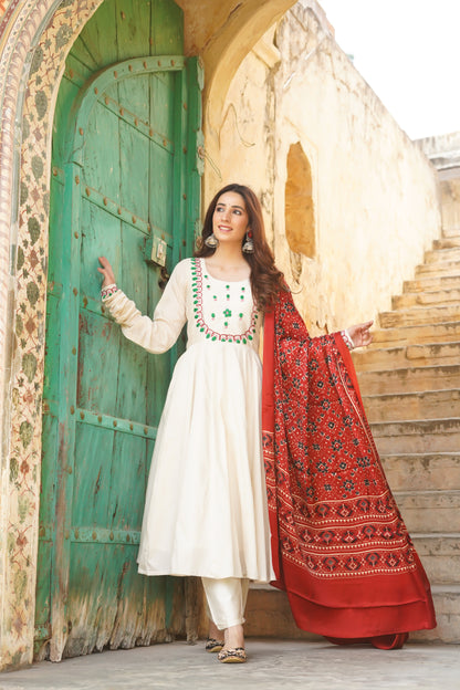 Emily White Silk Suit With Ajrakh Dupatta