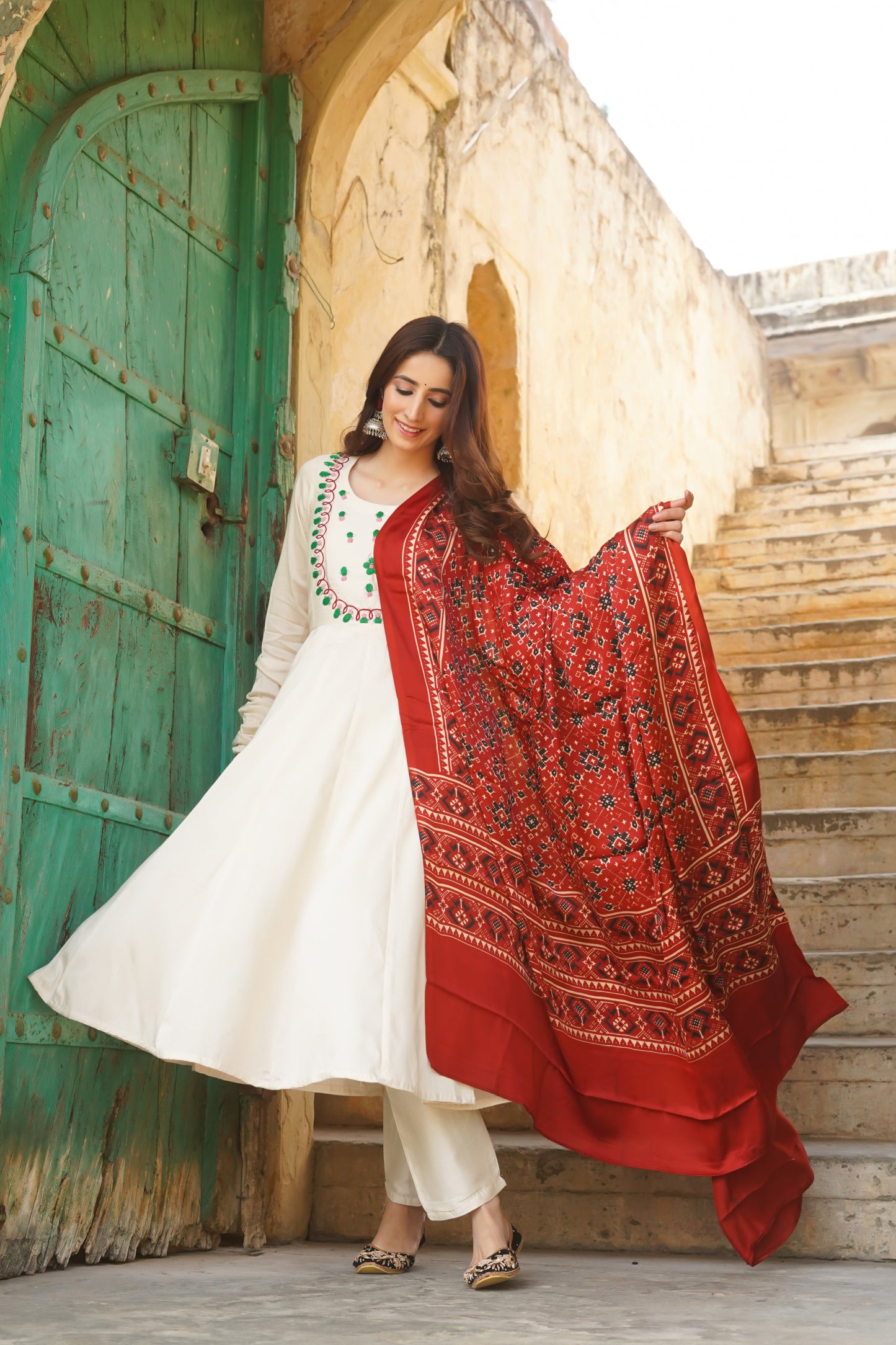 Emily White Silk Suit With Ajrakh Dupatta